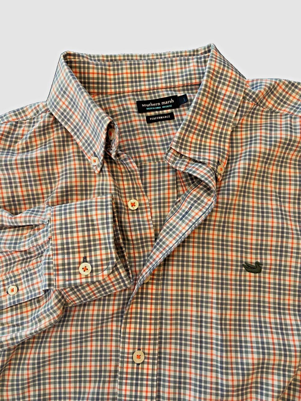 Southern Marsh Men's L Blue/Orange/Beige Plaid Woven Button-Down Shirt LS